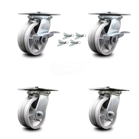 Service Caster 5 Inch V Groove Semi Steel Caster Set with Ball Bearing 4 Swivel Lock 2 Brake SCC-35S520-VGB-SLB-BSL-2-BSL-2